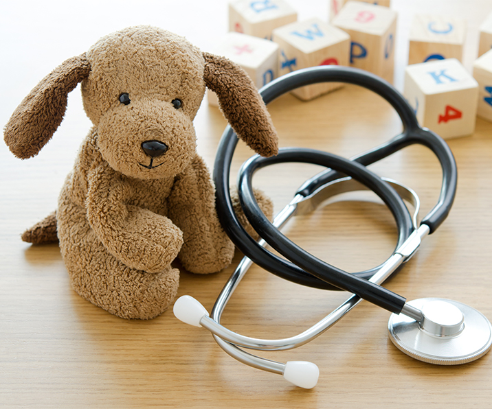 Pediatrics. Puppy toy with medical equipment